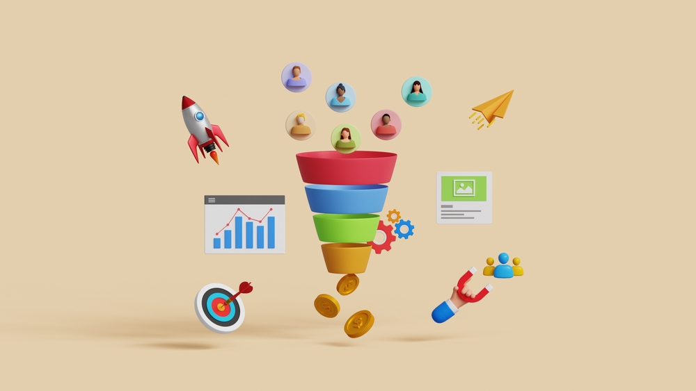 Animated sales funnel. against a beige backdrop showing leads being filtered in. Images of rocket, chart, magnet, and bullseye emojis are surrounding the funnel.