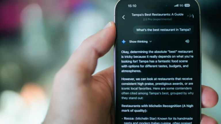 Phone showing Google Gemini answering a question about the best local restaurants